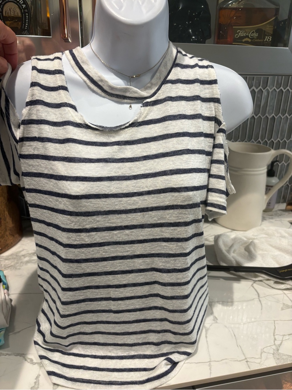 LNA Striped Cold-Shoulder Tee in White and Navy fits 4,6 best